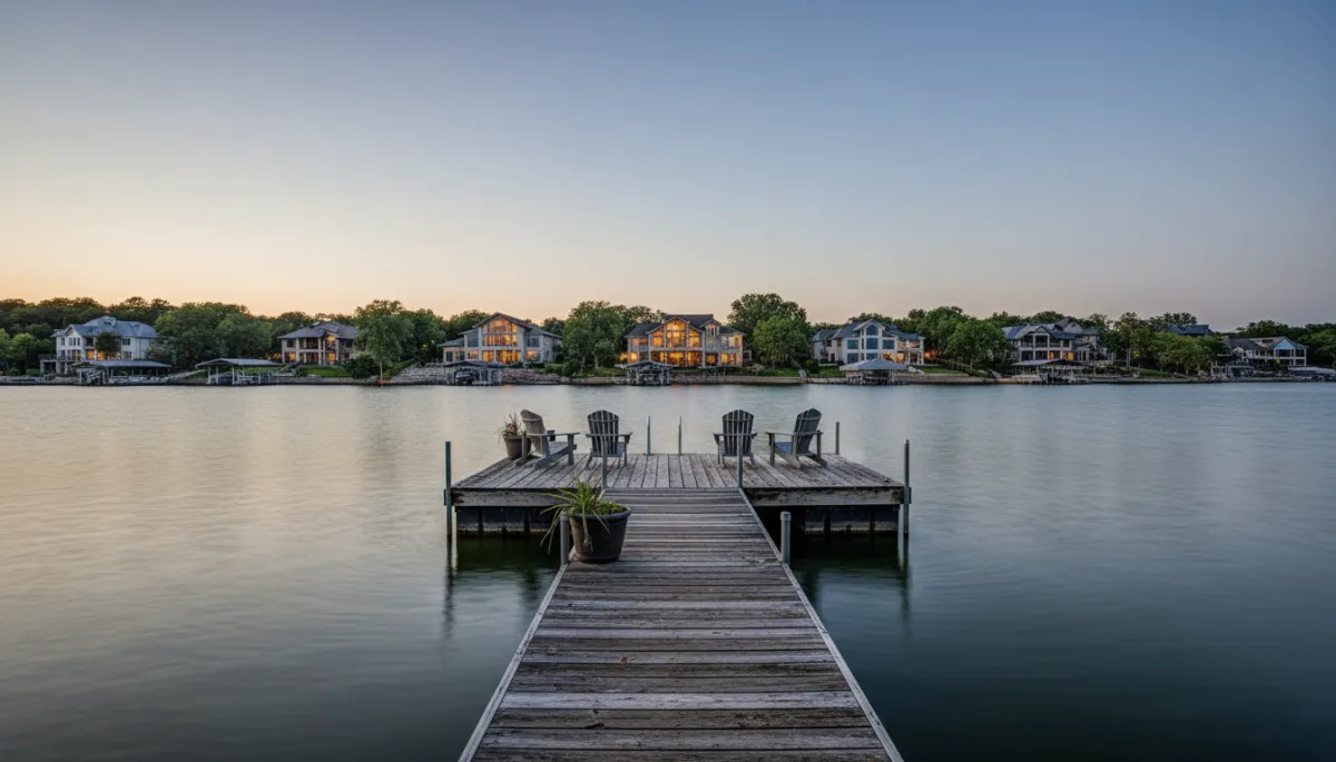 Dockside view of upscale waterfront homes on Lake Ozark