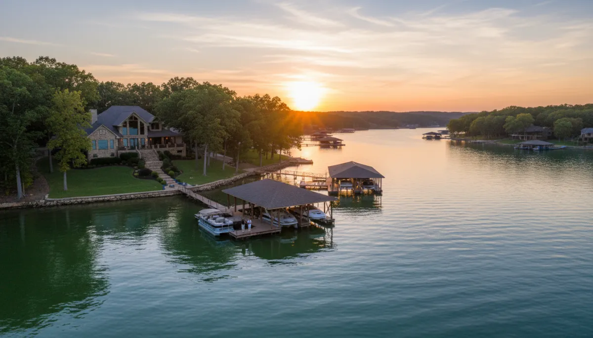 Twilight view of a private dock from a Lake Ozark home’s deck