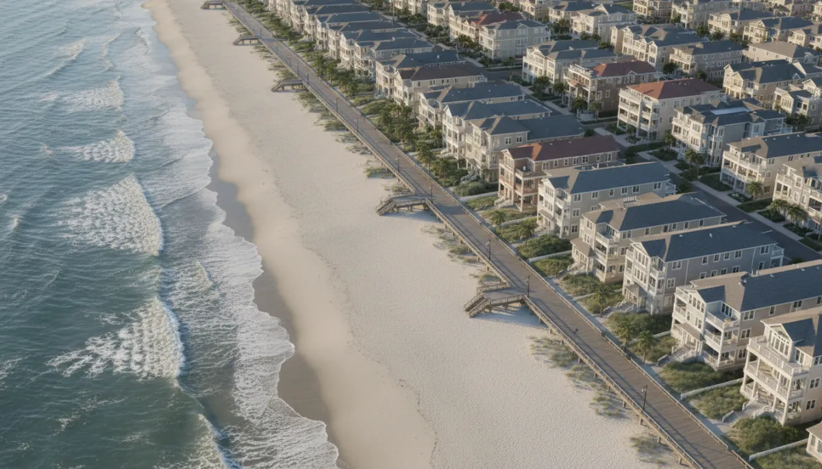 Aerial view of Ocean City NJ beach houses along the shore Aerial view of Ocean City NJ beach houses along the shore