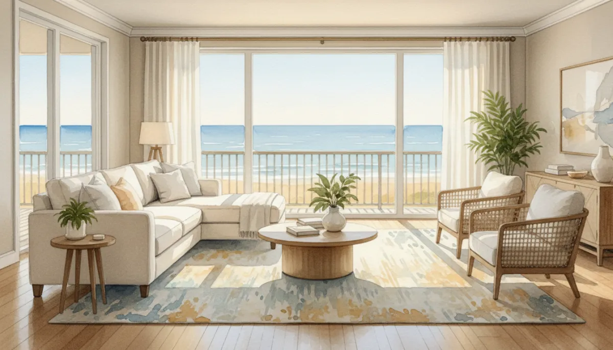 Stylish beach condo living room with balcony overlooking the ocean Stylish beach condo living room with balcony overlooking the ocean