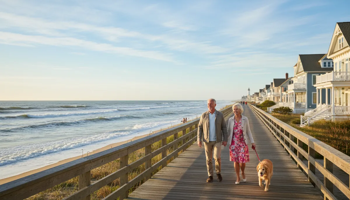 Older couple walking along the beach in Cape May, New Jersey Older couple walking along the beach in Cape May, New Jersey