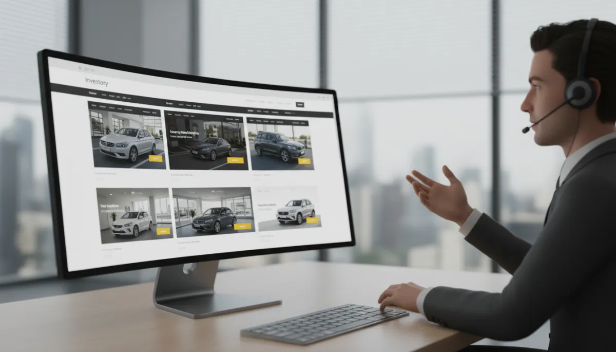Salesperson calling a lead while competing dealership sites are open on screen Salesperson calling a lead while competing dealership sites are open on screen