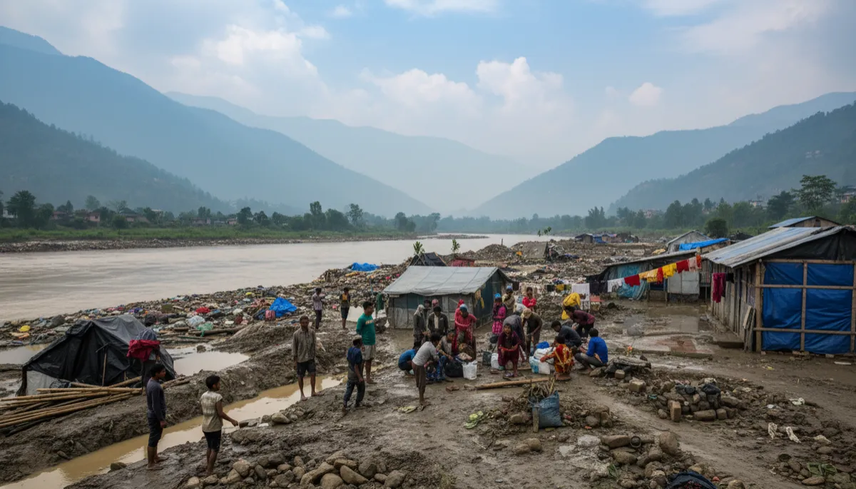 photorealistyczny widok z lotu ptaka na nepalską dolinę rzeczną spustoszoną przez powódź o zmierzchu, wezbrana rzeka przecinająca zniszczone domy i pola, grupy przesiedlonych rodzin na wyżej położonych terenach, widoczne łodzie ratunkowe i tymczasowe namioty, paleta barw z głębokim niebieskim niebem #345DC7 i akcentami ognistej pomarańczy #e8671c z plandek ratunkowych i ubrań
