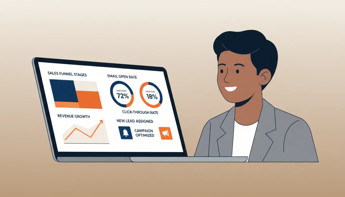 Business owner viewing an integrated automation dashboard on a laptop