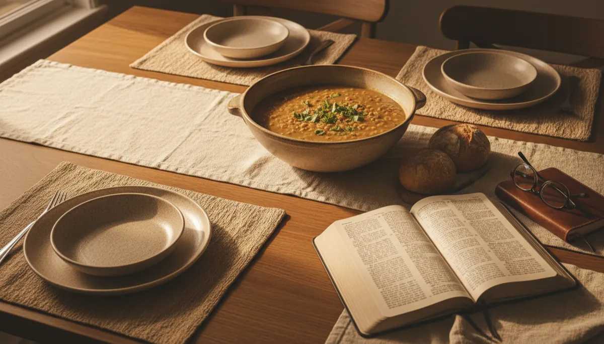 Simple dinner table with homemade meal and open Bible Simple dinner table with homemade meal and open Bible