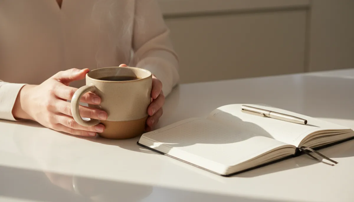 Morning coffee beside an open planner on a clean kitchen counter Morning coffee beside an open planner on a clean kitchen counter