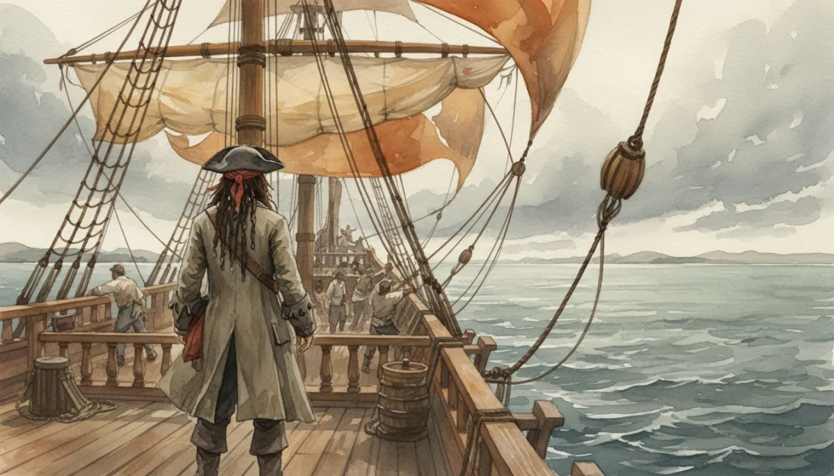 Professional photorealistic view of pirate captain overseeing his working crew
