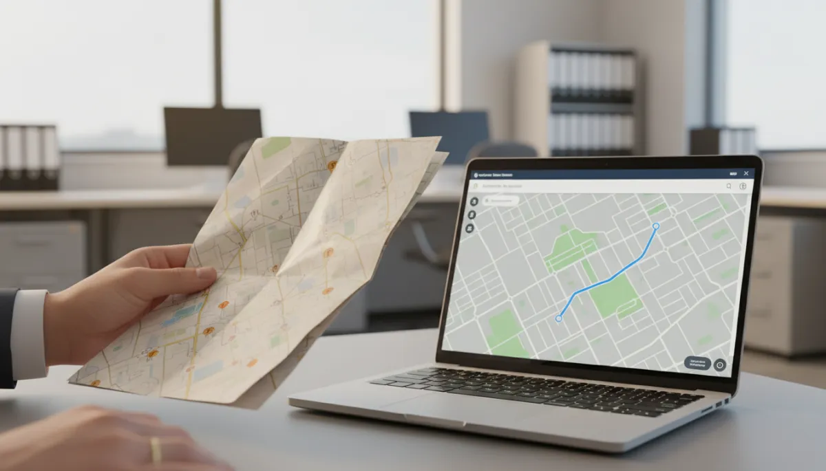 Hand holding a paper map next to a laptop with a digital map