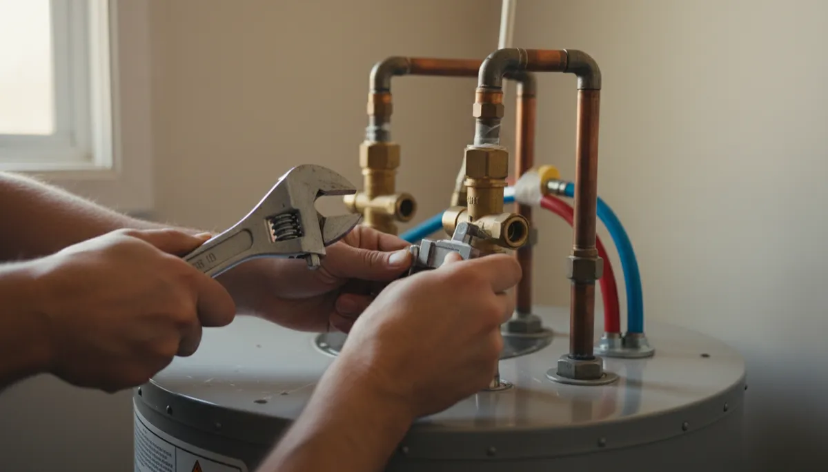 Plumber performing hot water tank repair with tools and replacement parts