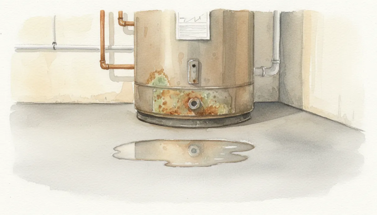 Corroded hot water tank base with a small puddle forming on the floor