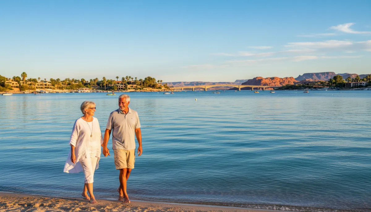 Retirees walking along the Lake Havasu shoreline trail on a sunny day