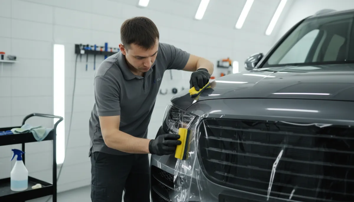 Technician installing clear paint protection film on a vehicle bumper