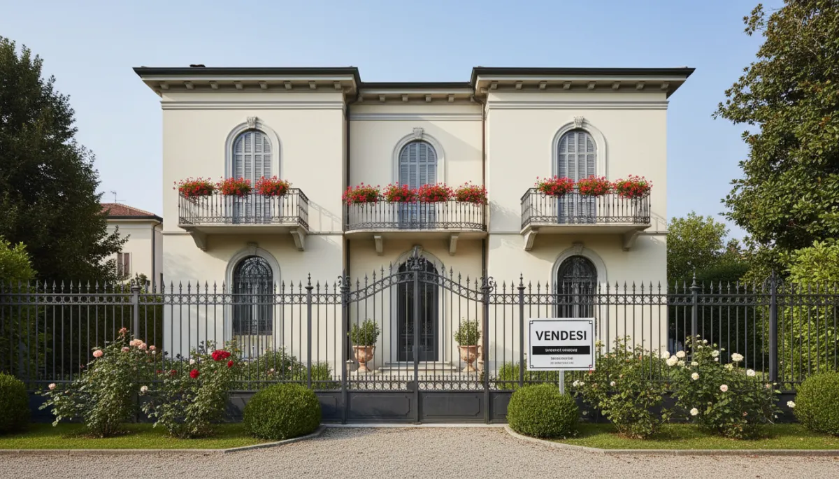 casa bifamiliare fotorealistiche in stile italiano elegante a Vicenza, facciata chiara con balconi in ferro battuto, giardino curato e cartello “Vendesi” professionale posizionato davanti al cancello, cielo sereno neutro