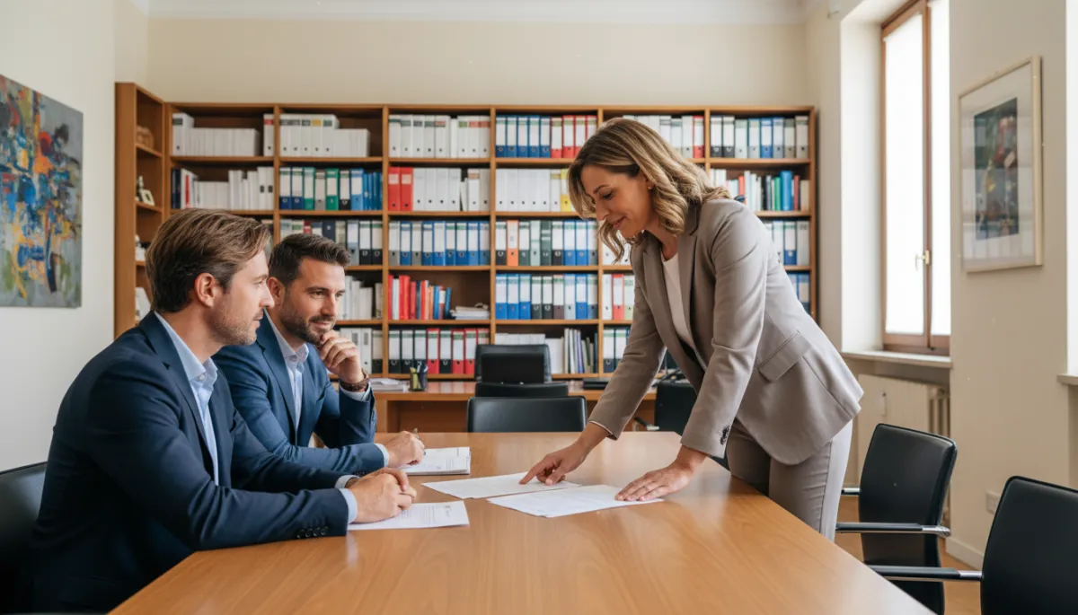 agente immobiliare donna fotorealistiche, abbigliamento professionale neutro, in un ufficio luminoso a Vicenza mentre mostra e spiega documenti di vendita a una coppia di clienti seduti al tavolo, scaffali con fascicoli sullo sfondo