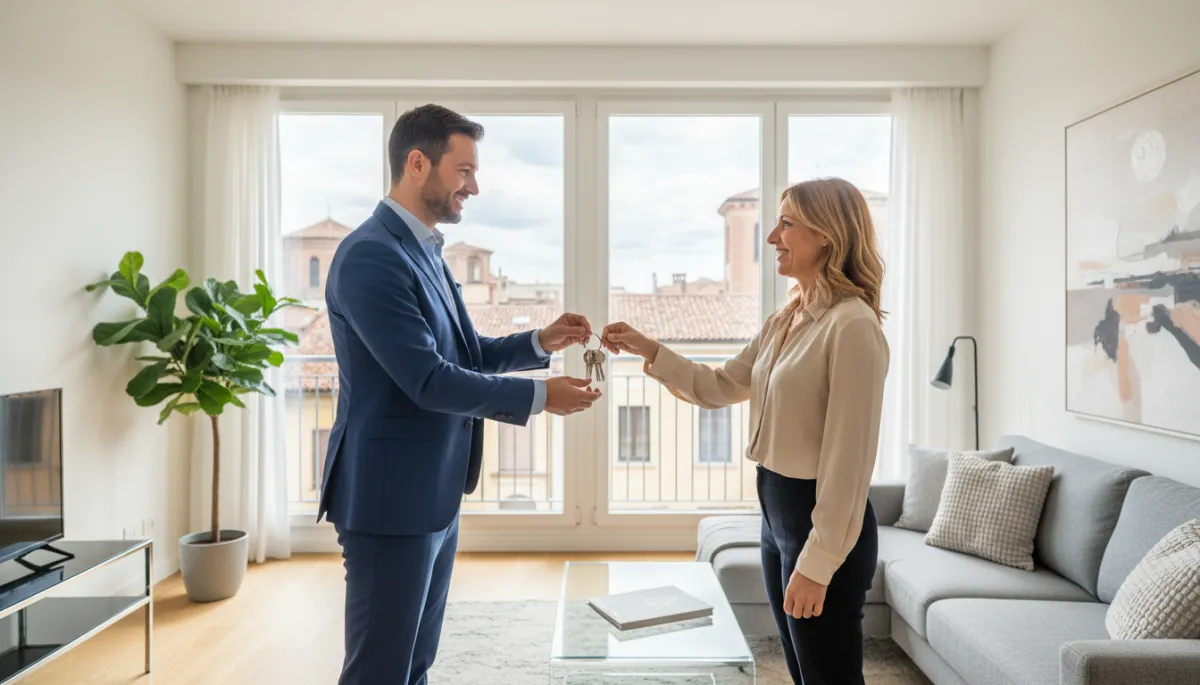 Property manager che consegna le chiavi al proprietario in un appartamento per affitti brevi a Vicenza