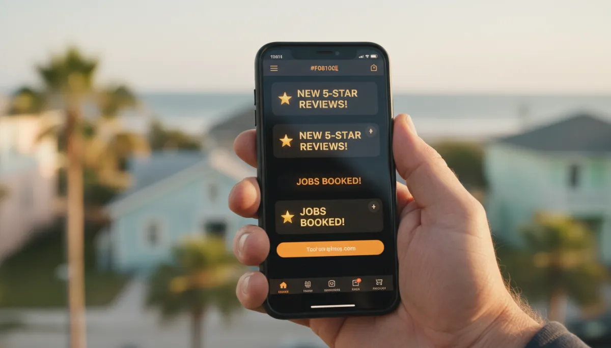 Contractor checking new 5-star reviews and booked jobs on a smartphone