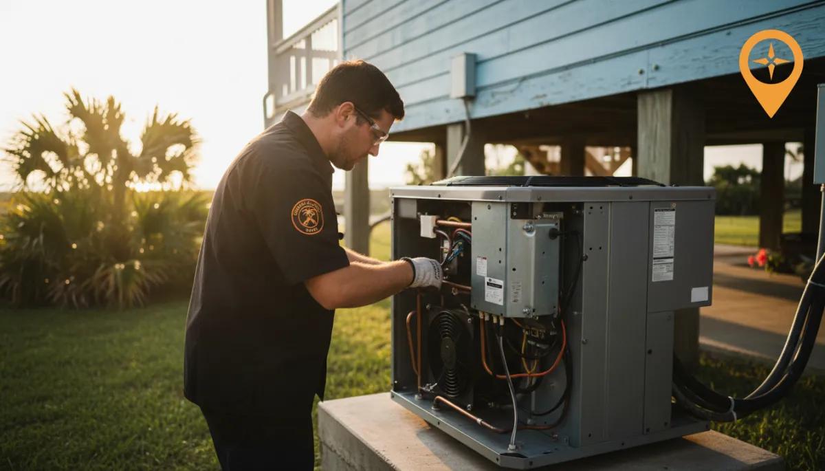 Gulf Coast HVAC technician working at a coastal Alabama home with strong brand colors Gulf Coast HVAC technician working at a coastal Alabama home with strong brand colors