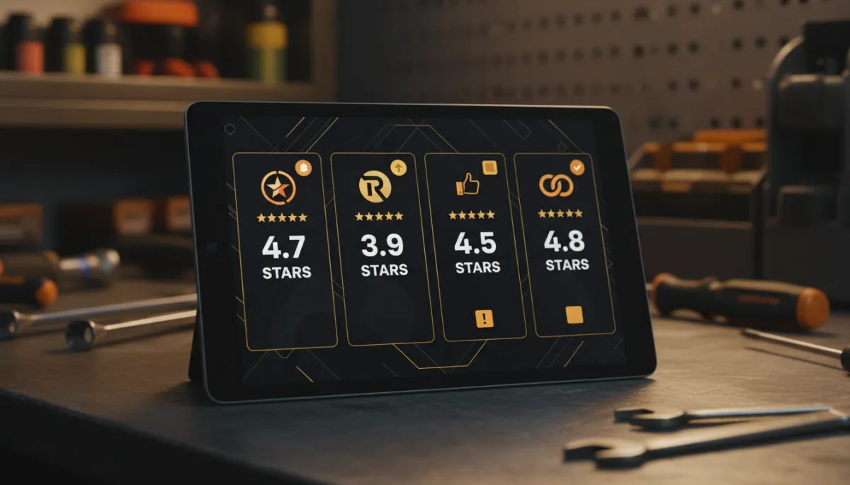photorealistic close-up of a tablet on a workbench in a service van, screen showing multiple review platforms side by side with star ratings and orange and gold notification icons, black background accents, branded black, orange (#F0810E), and gold (#fec107) color palette photorealistic close-up of a tablet on a workbench in a service van, screen showing multiple review platforms side by side with star ratings and orange and gold notification icons, black background accents, branded black, orange (#F0810E), and gold (#fec107) color palette