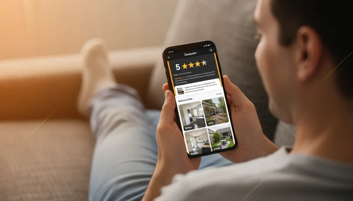 Homeowner reviewing contractor ratings and photos on smartphone Homeowner reviewing contractor ratings and photos on smartphone