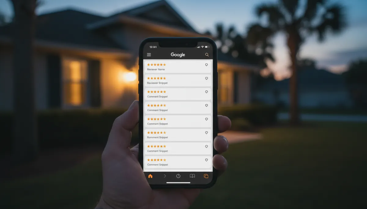 Smartphone showing strong local Google reviews for a home service business Smartphone showing strong local Google reviews for a home service business