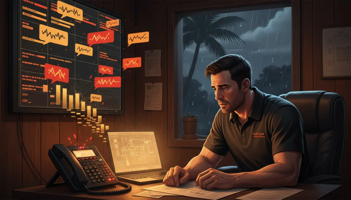 Photorealistic scene of a Gulf Coast home service owner in a small office at night, phone lines blinking, text messages popping up on a large screen dashboard, with brand colors black (#000000), orange (#F0810E), gold (#fec107), and red (#e30000), conveying urgency and missed calls.