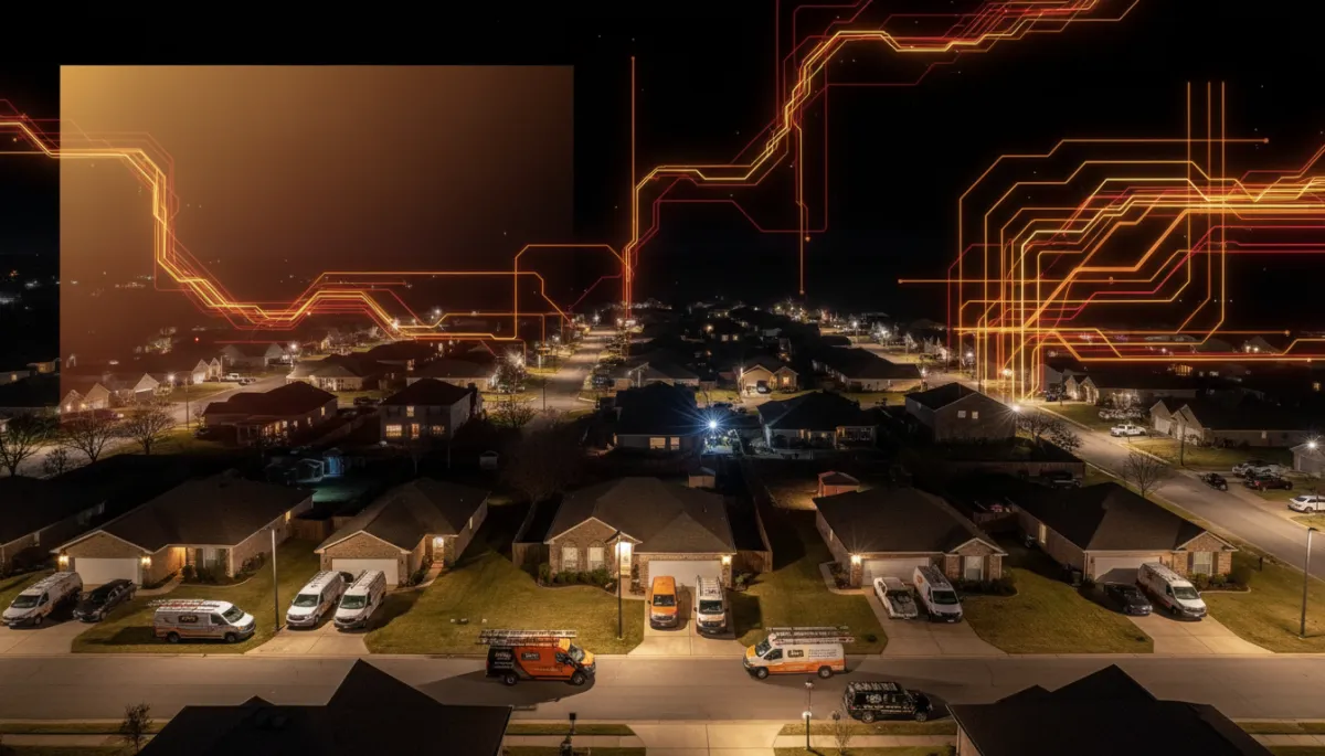 Photorealistic hero image for a Complete Local SEO Guide targeting Gulf Coast home service businesses: aerial evening view of a Gulf Coast Alabama neighborhood, branded service vans in driveways, deep black backgrounds with bold orange (#F0810E), gold (#fec107), and red (#e30000) highlights, modern clean overlay space for text, brand-consistent and visually striking.