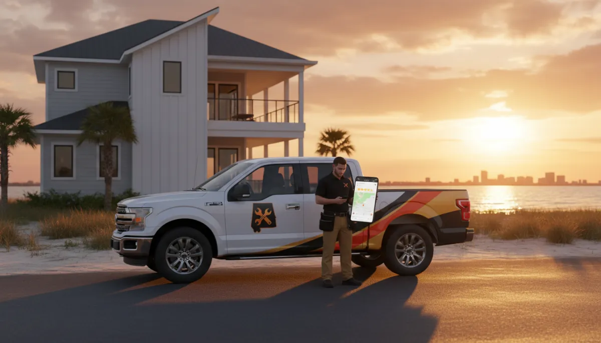 Photorealistic wide shot of a Gulf Coast Alabama home service contractor (branded truck and technician in uniform) checking a smartphone that shows a Google Maps listing with five-star rating; warm sunset light, subtle brand colors black #000000, orange #F0810E, gold #fec107, red #e30000 in truck logo and UI accents. For The Ultimate Google Business Profile Guide targeting Gulf Coast home service businesses.