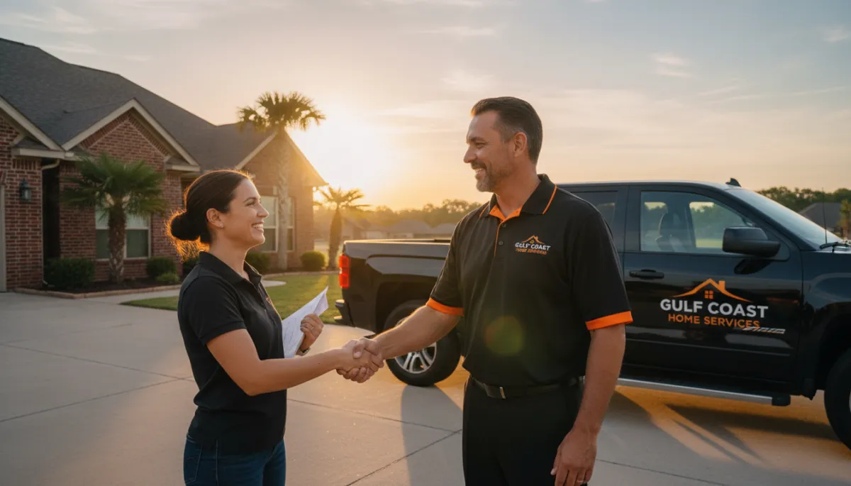 photorealistic scene of a confident Gulf Coast home service contractor shaking hands with a smiling homeowner in front of a suburban Alabama house at sunset, subtle black and orange branded truck in the driveway, warm lighting, brand colors black #000000, orange #F0810E, gold #fec107 used on truck logo and polo shirt embroidery