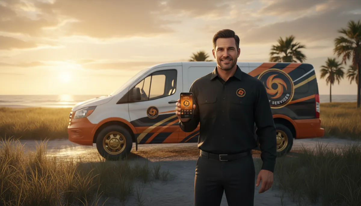 photorealistic wide shot of a Gulf Coast home service business owner in a black work shirt with orange and gold logo, standing beside a branded service van at sunset, smartphone in hand showing new job notifications, subtle black (#000000), orange (#F0810E), and gold (#fec107) accents on van and phone interface