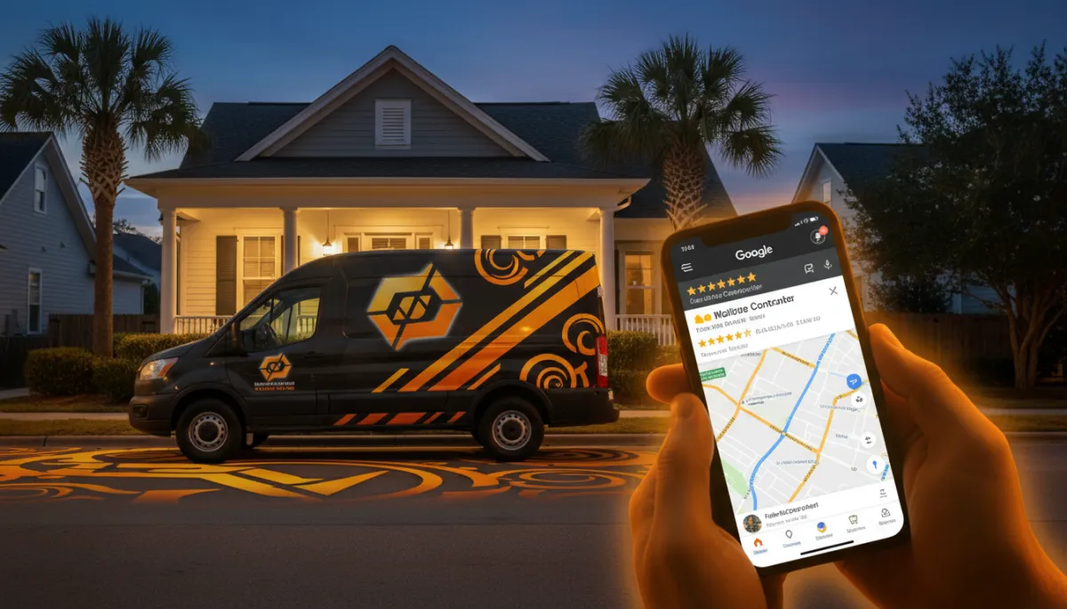 photorealistic evening street in Foley Alabama with a branded home service van parked in front of a Gulf Coast home, glowing smartphone in foreground showing a Google Maps listing with a 5-star local contractor at the top, strong accents of black #000000, orange #F0810E, and gold #fec107 in van wrap and UI elements photorealistic evening street in Foley Alabama with a branded home service van parked in front of a Gulf Coast home, glowing smartphone in foreground showing a Google Maps listing with a 5-star local contractor at the top, strong accents of black #000000, orange #F0810E, and gold #fec107 in van wrap and UI elements