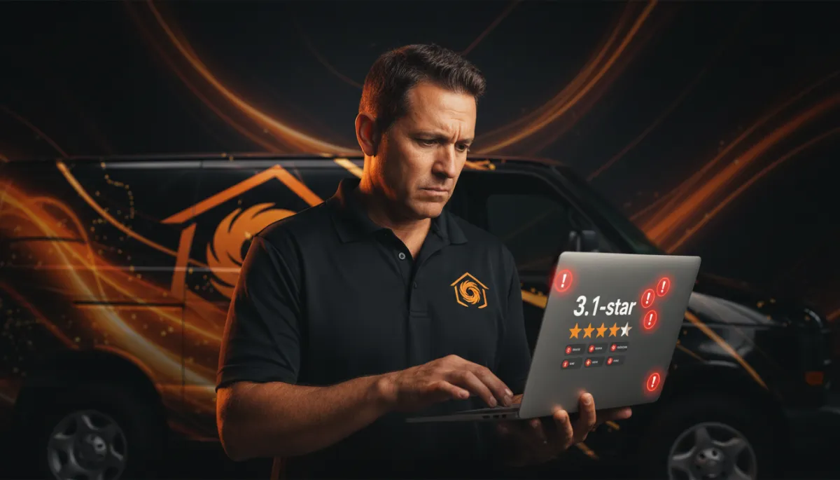 photorealistic scene of a Gulf Coast home service business owner in branded black polo with orange and gold logo, standing in front of a wrapped service van, looking worried at a laptop screen showing 3.1-star reviews and red warning icons, dark background with black, orange (#F0810E), and gold (#fec107) accents photorealistic scene of a Gulf Coast home service business owner in branded black polo with orange and gold logo, standing in front of a wrapped service van, looking worried at a laptop screen showing 3.1-star reviews and red warning icons, dark background with black, orange (#F0810E), and gold (#fec107) accents