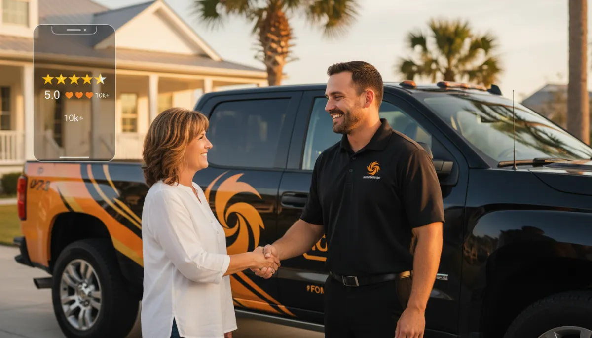 photorealistic scene of a Gulf Coast home service contractor shaking hands with a homeowner in front of a branded black truck with orange and gold accents, subtle overlay of phone screen showing 5-star reviews and social media likes, warm evening light, brand colors black #000000, orange #F0810E, gold #fec107 photorealistic scene of a Gulf Coast home service contractor shaking hands with a homeowner in front of a branded black truck with orange and gold accents, subtle overlay of phone screen showing 5-star reviews and social media likes, warm evening light, brand colors black #000000, orange #F0810E, gold #fec107