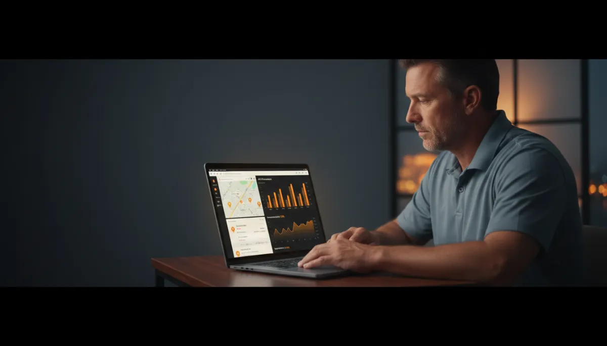 photorealistic evening shot of a Gulf Coast home service business owner reviewing marketing dashboards on a laptop in a small office, screens showing Google Maps rankings and ad performance charts, subtle black and dark background with accents of bright orange and gold interface elements