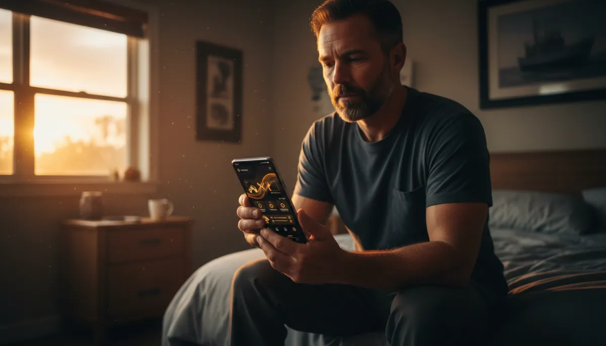 photorealistic scene of a Gulf Coast home service contractor waking up early, checking a smartphone showing overnight job bookings on a sleek black and orange dashboard, warm sunrise light through window, subtle black (#000000), orange (#F0810E), and gold (#fec107) accents on the app interface