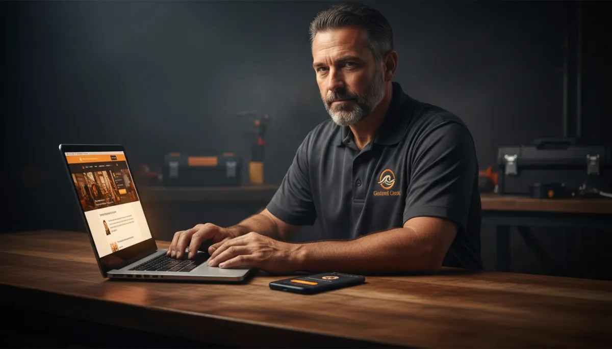 photorealistic wide shot of a Gulf Coast home service business owner reviewing a website on a laptop at a workbench, smartphone next to the laptop showing an incoming customer call, subtle black and dark background with bright orange and gold interface elements on the screens, clean and modern composition