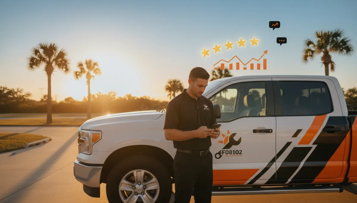 photorealistic scene of a Gulf Coast home service business owner checking a smartphone in a clean work truck, subtle black and orange branding on the truck and uniform, warm late-afternoon light, overlay graphics in black #000000, orange #F0810E, and gold #fec107 showing rising 5-star review icons and notification bubbles