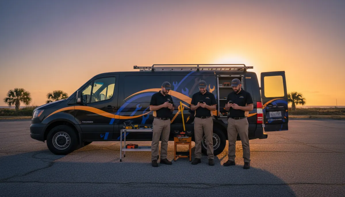 photorealistic scene of a Gulf Coast Alabama contractor team (HVAC tech, plumber, electrician) standing outside a branded service van at sunset, phones out reviewing social media posts; subtle accents in black, orange (#F0810E), and gold (#fec107) on uniforms and van wrap photorealistic scene of a Gulf Coast Alabama contractor team (HVAC tech, plumber, electrician) standing outside a branded service van at sunset, phones out reviewing social media posts; subtle accents in black, orange (#F0810E), and gold (#fec107) on uniforms and van wrap