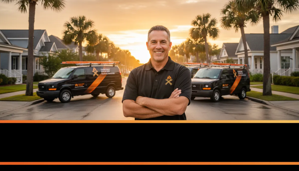 photorealistic scene of a confident local HVAC and plumbing business owner standing in front of branded service vans on a Gulf Coast Alabama street at sunset, subtle black and orange uniforms with gold logo accents, neighborhood homes and palm trees in the background, bold overlay text area in black with orange and gold accents photorealistic scene of a confident local HVAC and plumbing business owner standing in front of branded service vans on a Gulf Coast Alabama street at sunset, subtle black and orange uniforms with gold logo accents, neighborhood homes and palm trees in the background, bold overlay text area in black with orange and gold accents