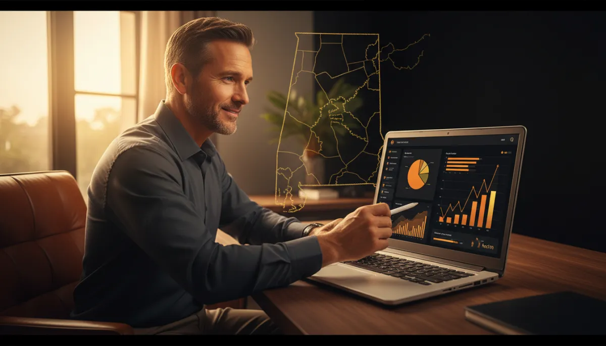 photorealistic scene of a Gulf Coast home service business owner reviewing marketing dashboards on a laptop in a tidy office, screens showing charts in black, orange (#F0810E), and gold (#fec107), subtle map of Alabama Gulf Coast in background, confident expression, evening warm light photorealistic scene of a Gulf Coast home service business owner reviewing marketing dashboards on a laptop in a tidy office, screens showing charts in black, orange (#F0810E), and gold (#fec107), subtle map of Alabama Gulf Coast in background, confident expression, evening warm light