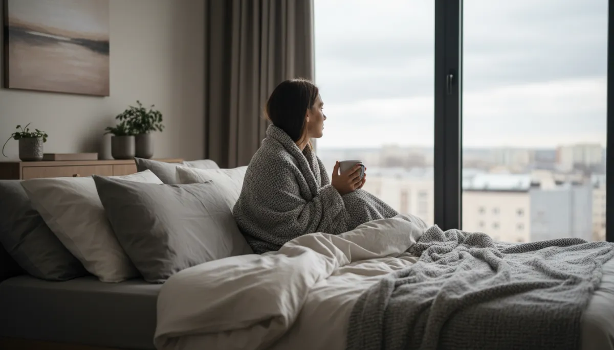 Person resting with a mug in a calm neutral-colored bedroom