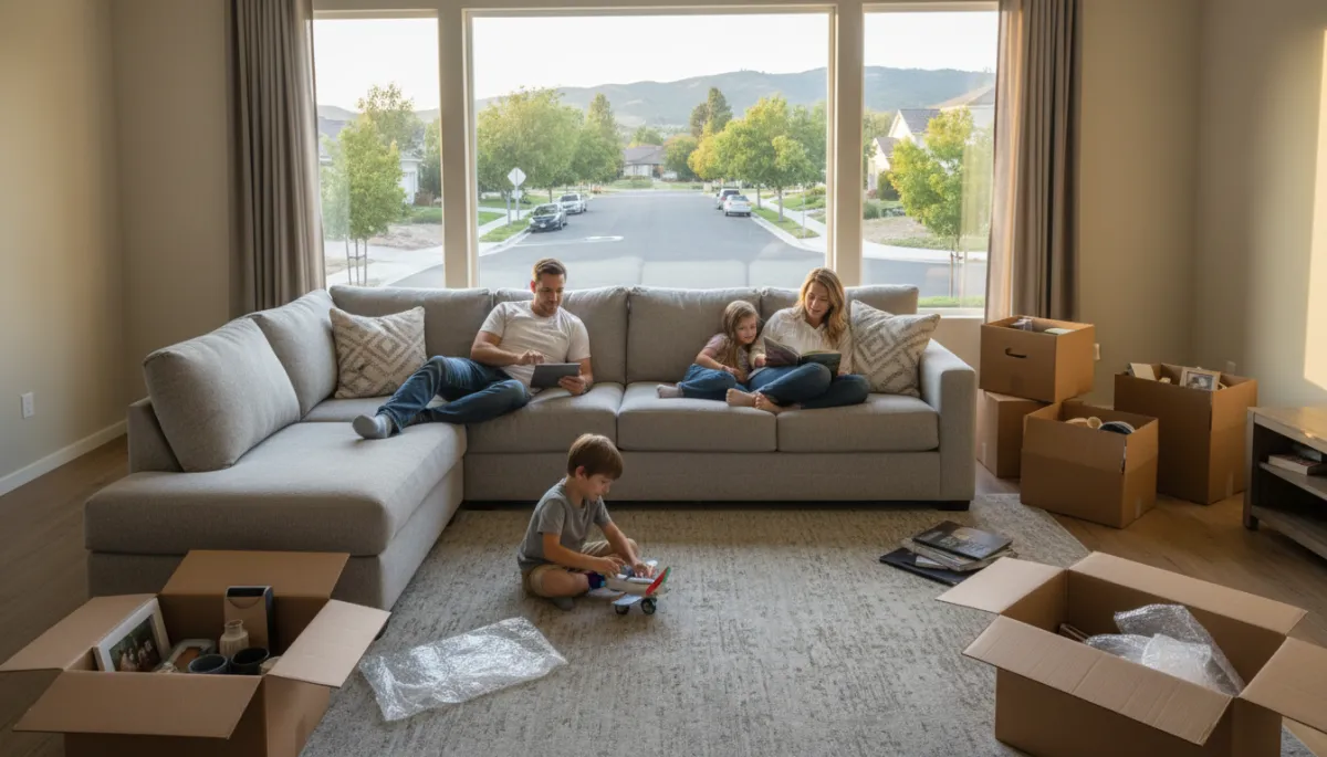 Family enjoying their new home after moving in Family enjoying their new home after moving in