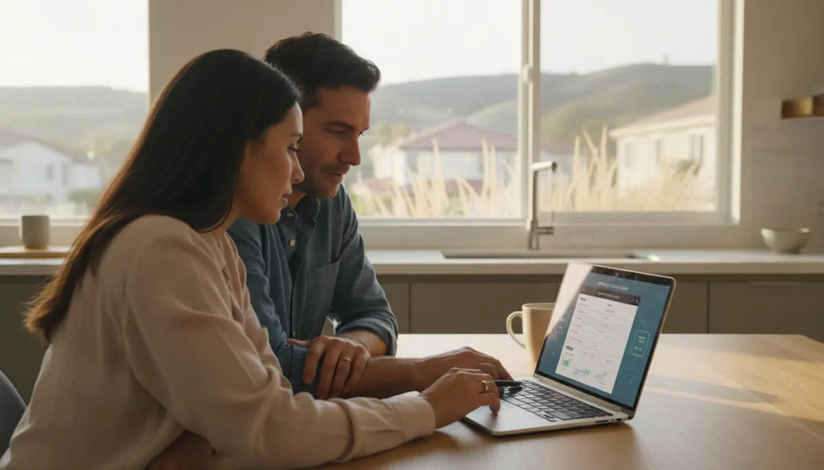 Couple calculating their home buying budget at a kitchen table Couple calculating their home buying budget at a kitchen table