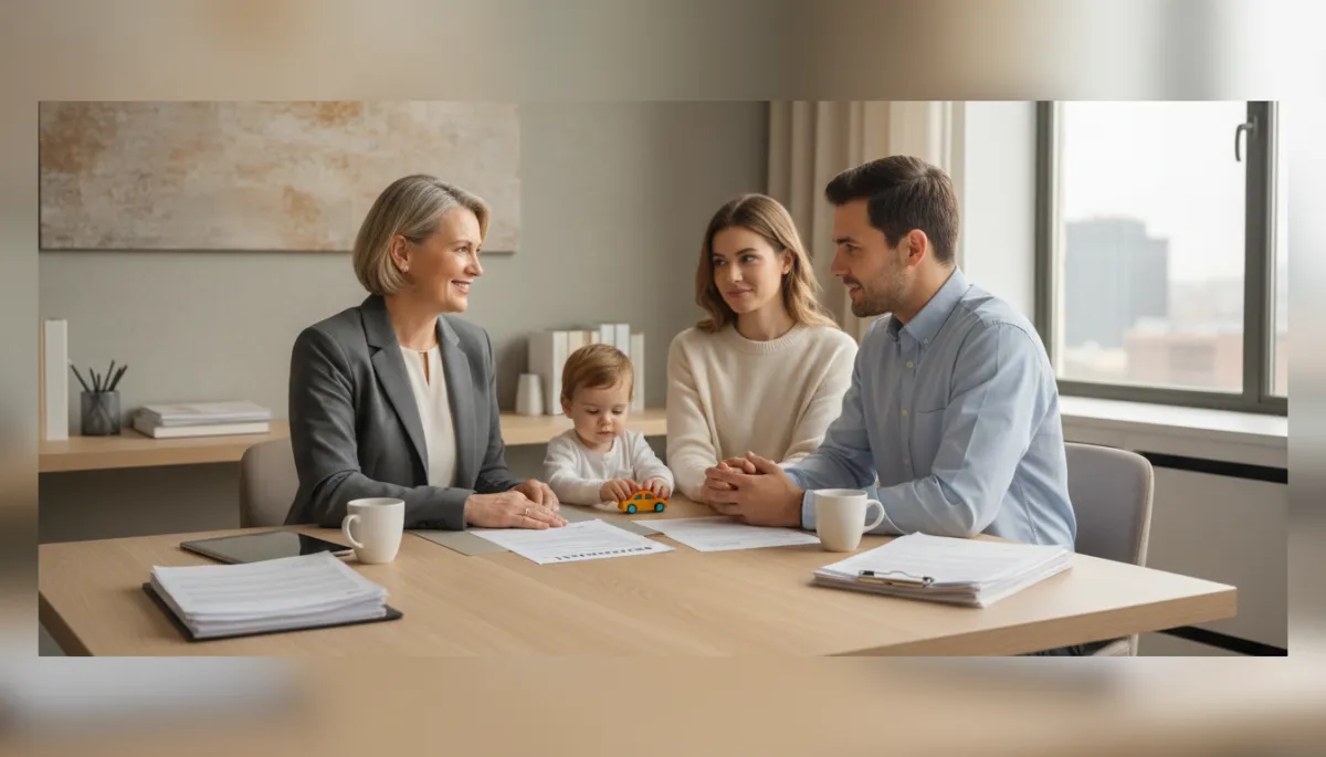 Mortgage loan officer reviewing a pre-approval with first-time buyers Mortgage loan officer reviewing a pre-approval with first-time buyers