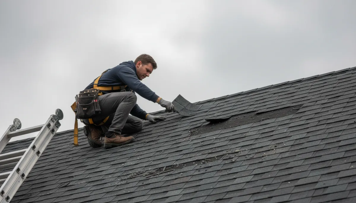 Photorealistic view of curled and missing shingles on a residential roof