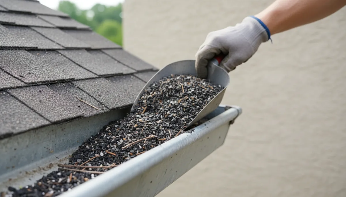 Photorealistic close-up of shingle granules collected in a home’s gutter