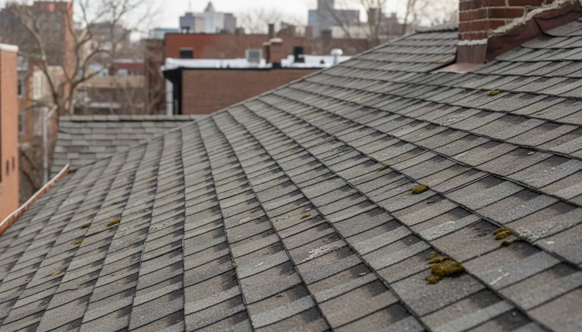 Photorealistic close-up of aging asphalt shingles on a residential roof