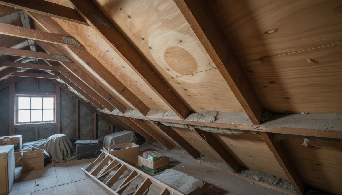 Photorealistic attic view showing water stains on roof decking