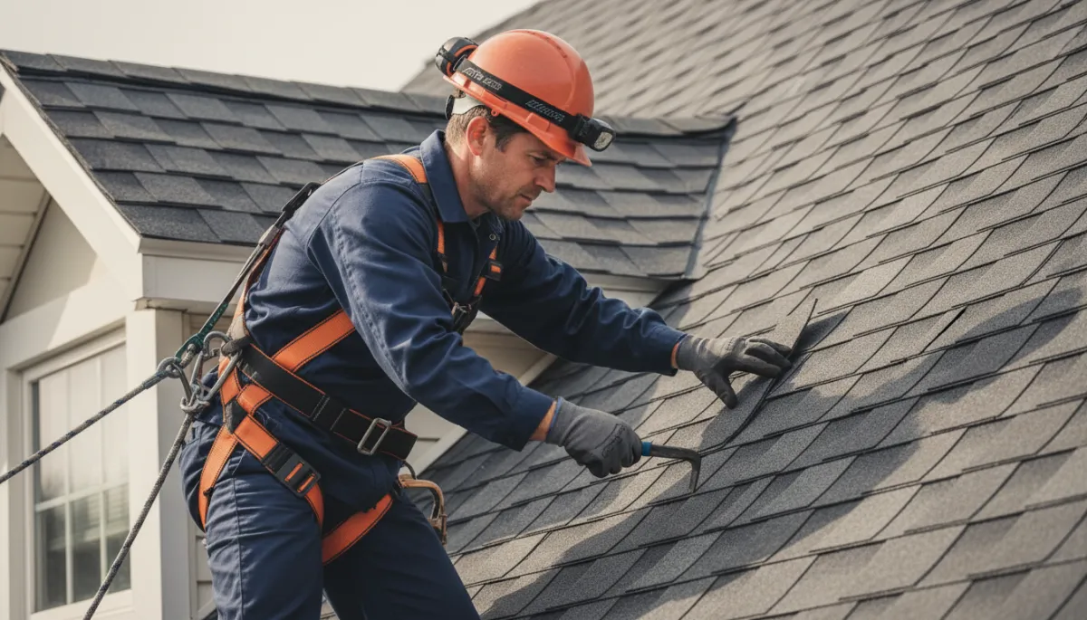 Roofer inspecting asphalt shingles on a New York suburban home
