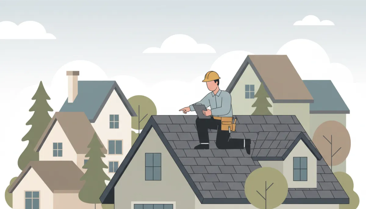 Roofer inspecting shingles on a Geneva home roof