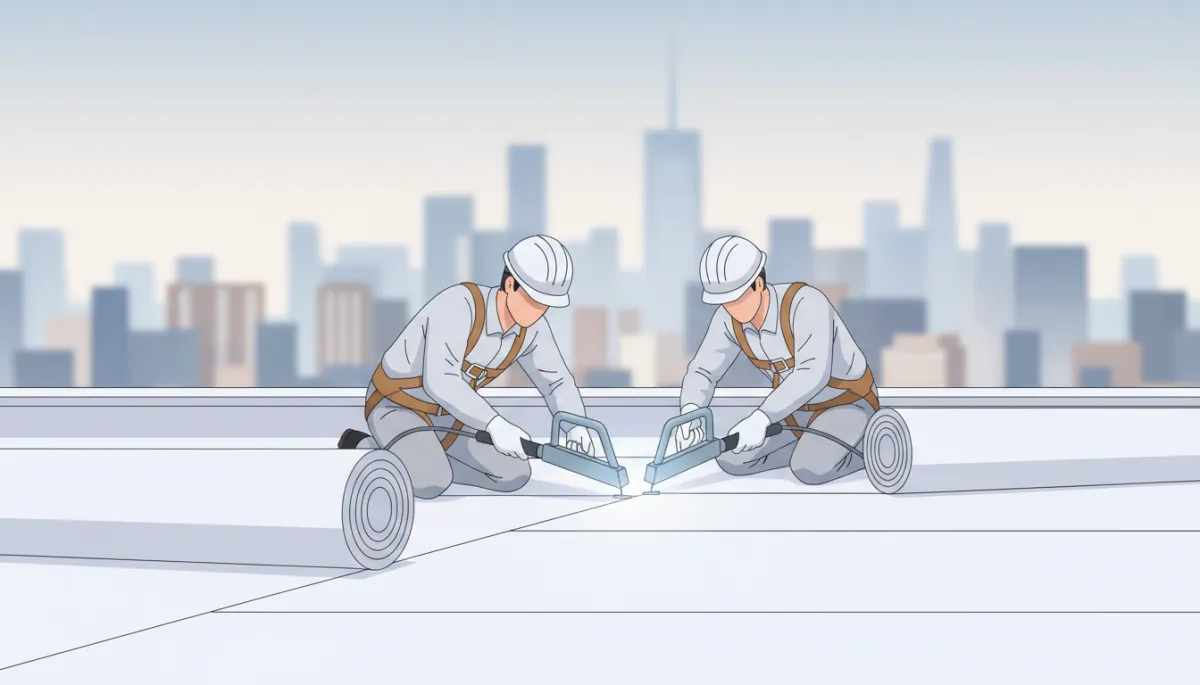 Roofing technicians installing TPO membrane on a commercial roof in New York